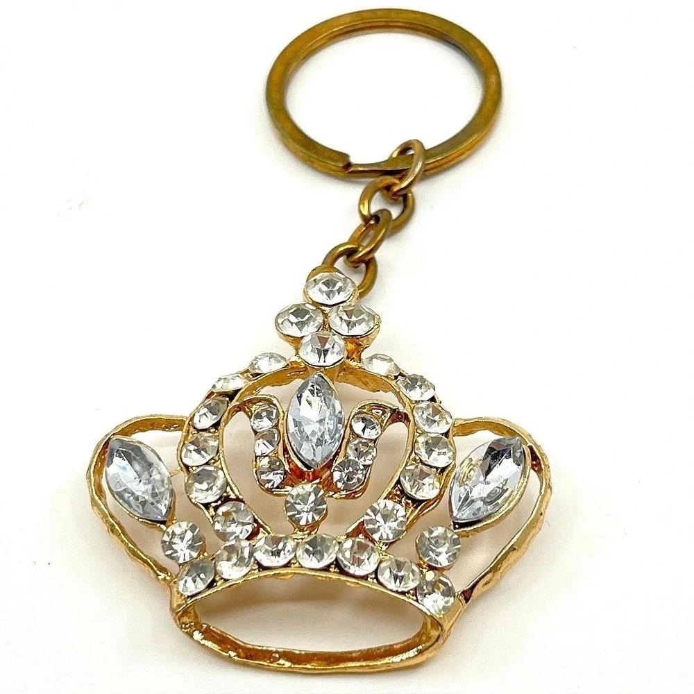Vintage Retro Gold Tone Sparkling Rhinestone Tiara Crown Keychain Bag Charm